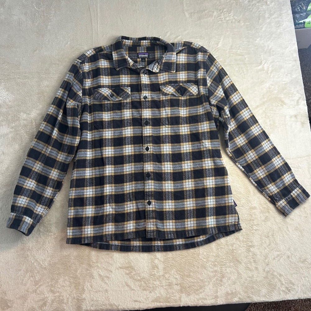Patagonia Flannel Shirt Mens L Black Tan Cream Plaid Organic Cotton Fjord LS‎ - Picture 2 of 7